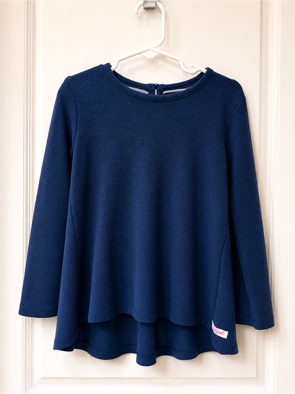 RuffleButts Navy Waffle Knit Long Sleeve Top with Back Bow | Girls Size 5